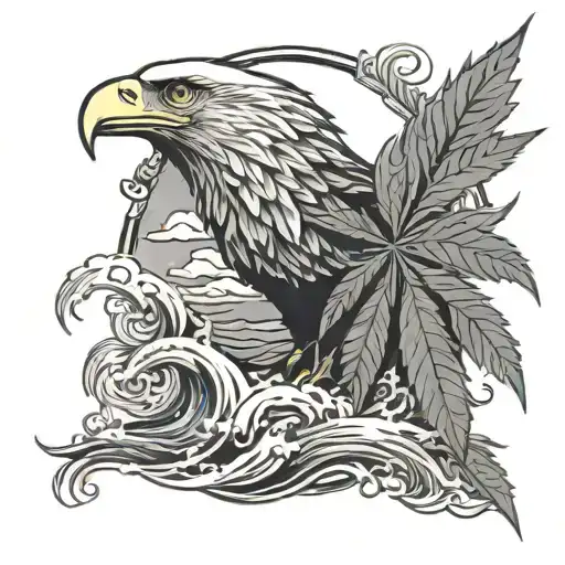 Cannabis Leaves And Ocean Waves And Eagle