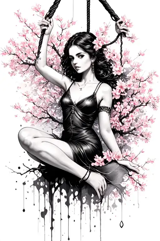 Woman Hanging From Noose Ink Splatter Cherry Blossom