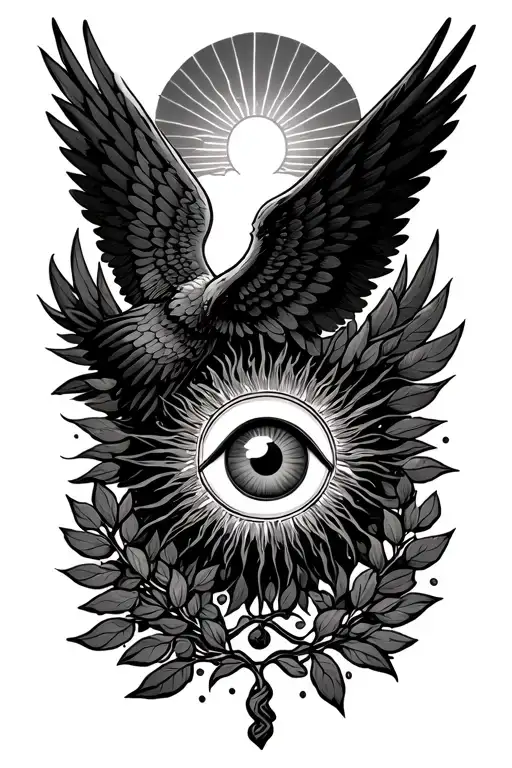 Icarus With Wings Falling From Sun With Eye Inside Surrounded By Laurel