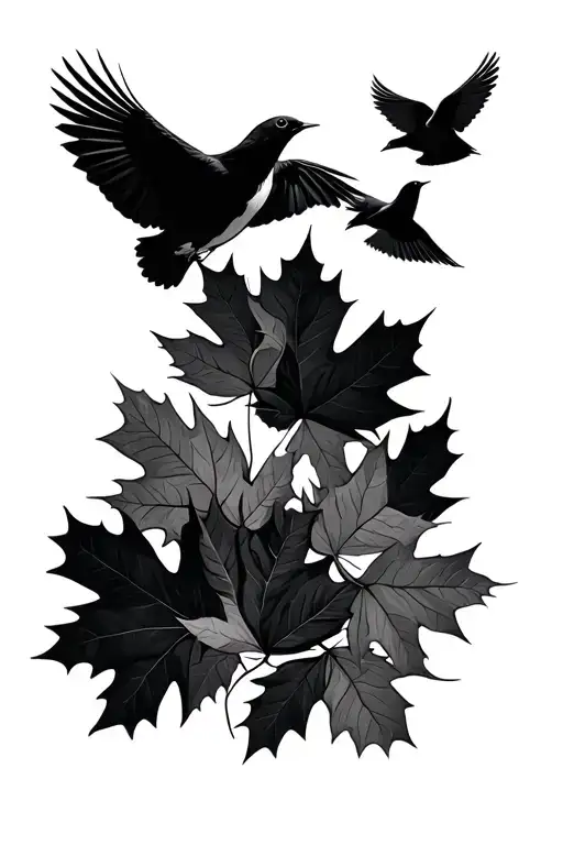 Maple Leaves Which Gives Way To A Flight Of Birds