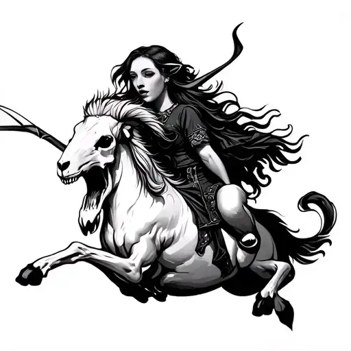 Woman Riding A Rearing Magic Goat Skull