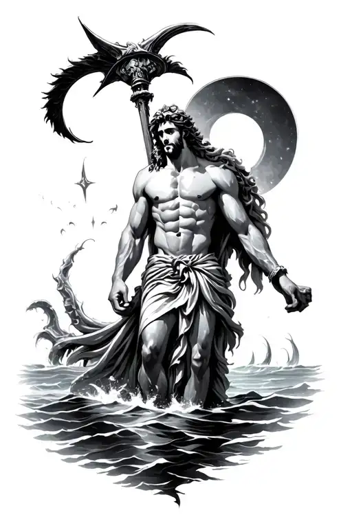 Poseidon In Atlantis Tattoo Design