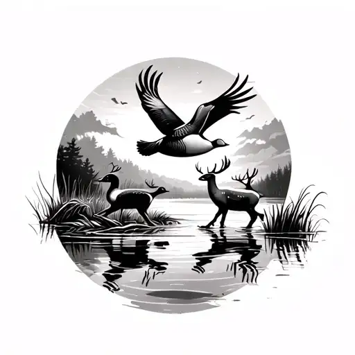 Ducks Flying Over A Marsh With Deer Walking In The Water