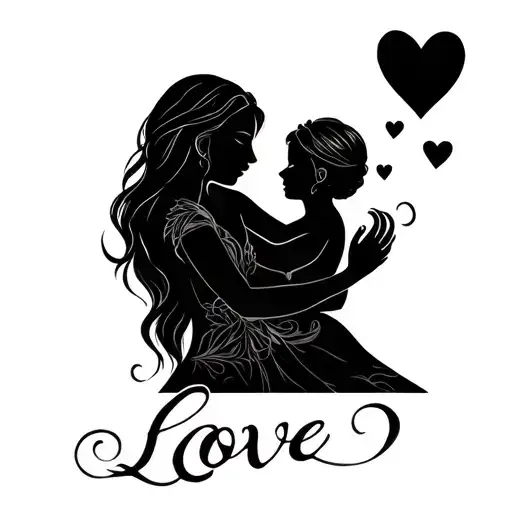 A Mother Embracing Her Child With The Word 'Love' Written In Elegant Script