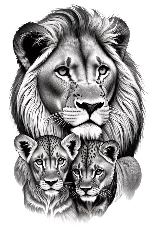 Lion Lioness And 2 Cubs Face Only