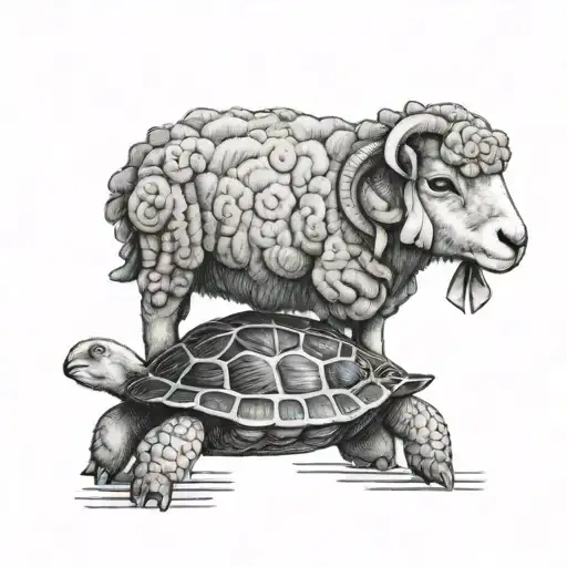 A Lamb Wearing A Small Bow And Sitting On A Turtle