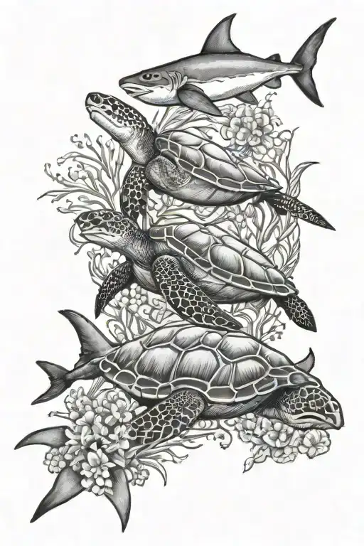 A Sea Turtle Sting Ray And Shark Surrounded By Coral