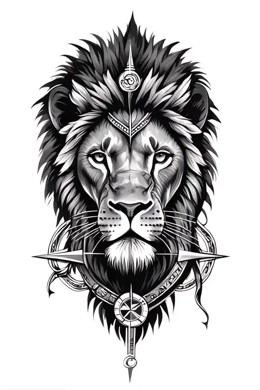 Lion And African Warrior And Compass Surrounded