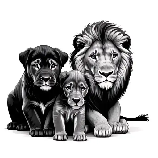 Lion Family And 2 Puppies