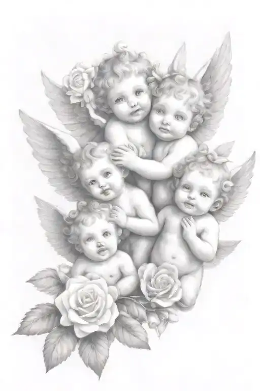 Cute Cherubs Holding Flowers As A Family Tree