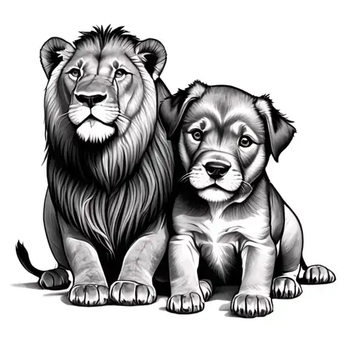 Lions Family And 2 Puppies Playing Together One