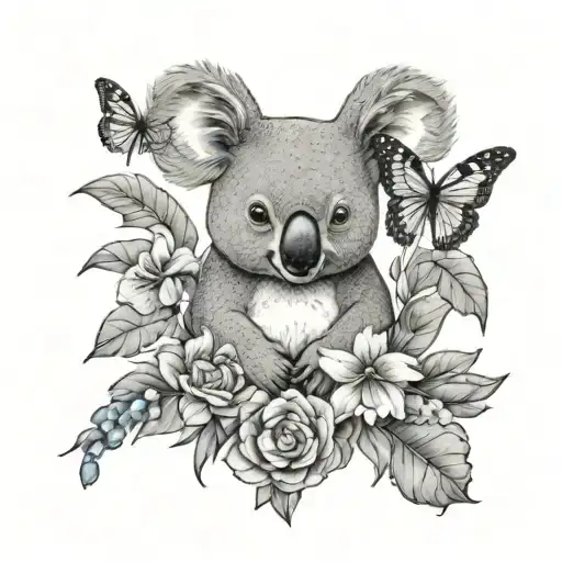 Pretty Koala Heart Flowers Butterflies