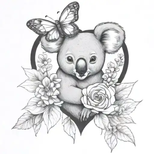 Pretty Koala Heart Flowers Butterflies