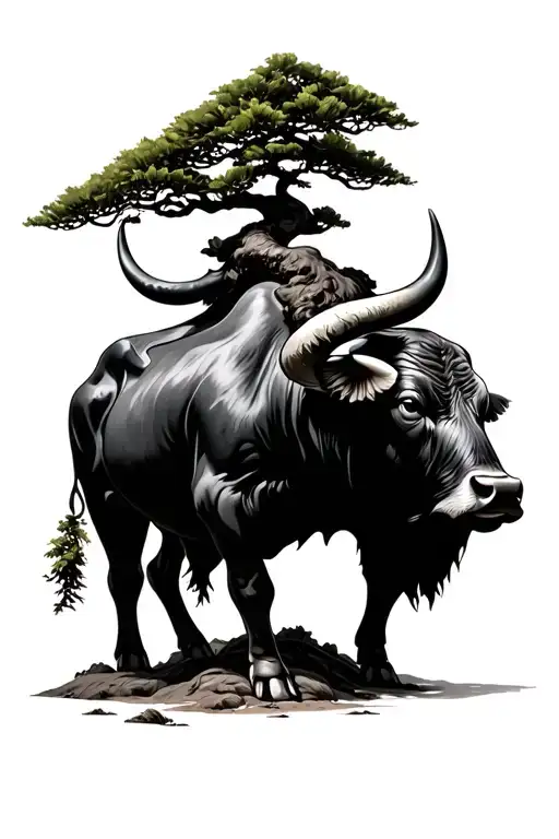 Taurus The Bull In Front Of A Bonsai Tree Growing