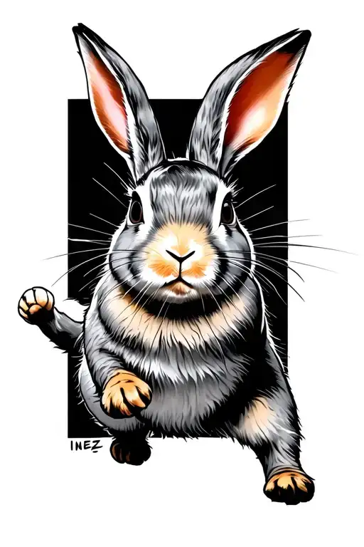 Rabbit Looking Forward Running Inez Written In Script Within Rabbit Body
