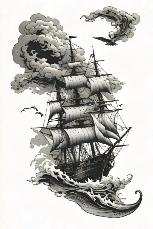 Old Ship Sailing Through Stormy