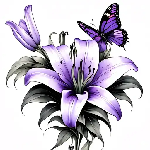 Lily Flower A And Butterfly Purple Flowers