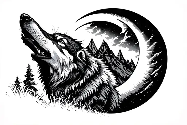 Half Moon Mountain Campass And Injured Wolf Howling