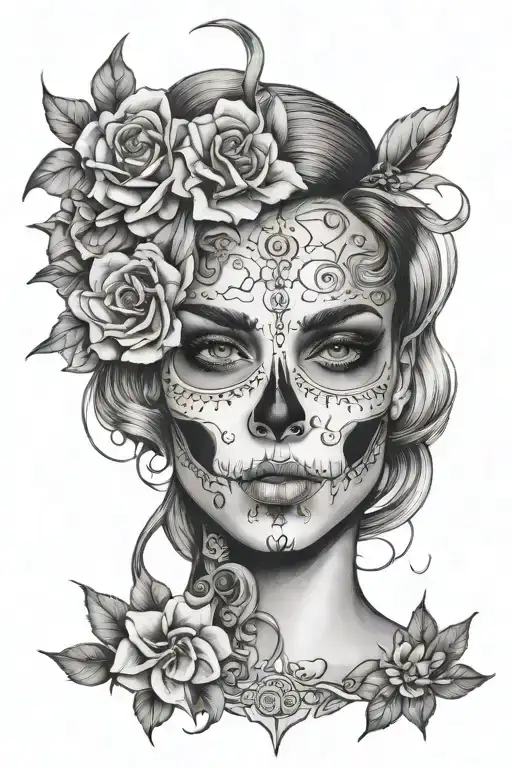 Half Woman Face Half Skull Face Tattoo No Flowers