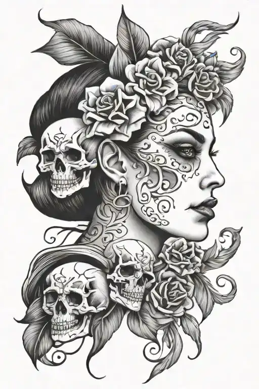 Half Woman Face Half Skull Face Tattoo Without Flowers