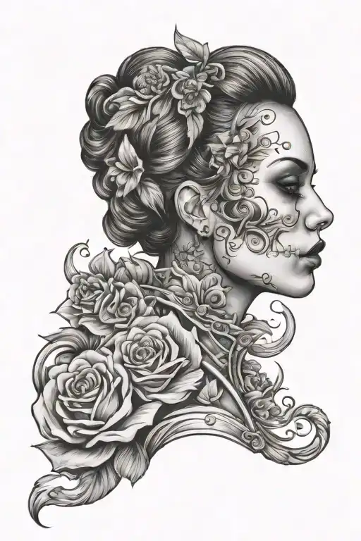 Half Woman Face Half Skull Face Tattoo Without Flowers