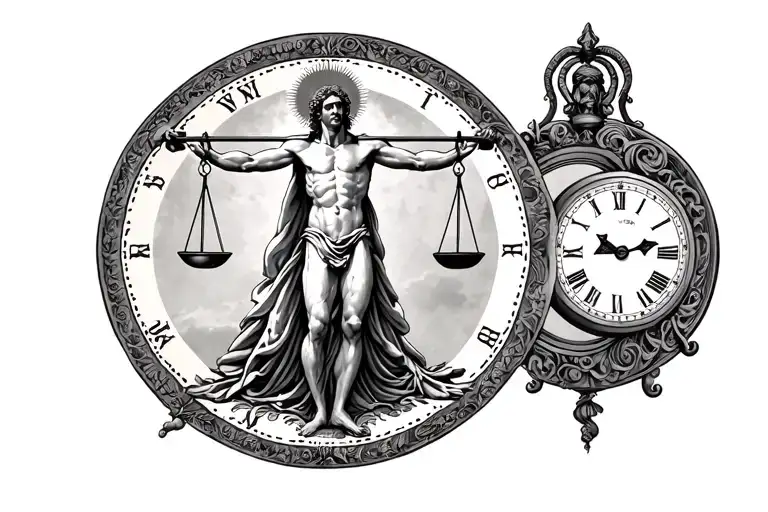 Vitruvian Man Holding Scales And Clocks Side By Side