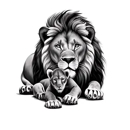 Lion Protecting Cub Laying