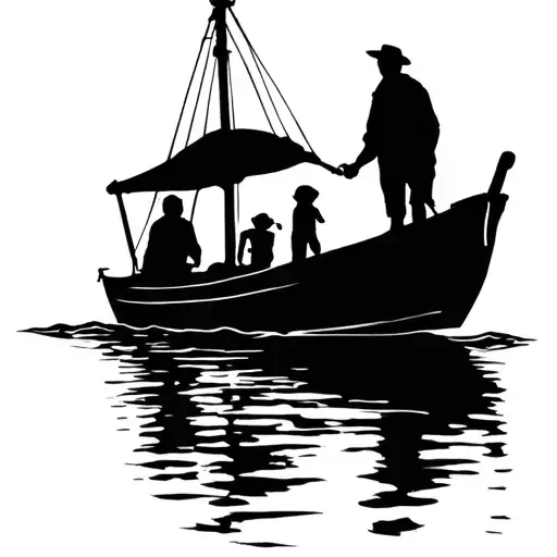 Silhouette Of A Fishing Boat 2 Adults 1 Child