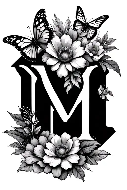 Flower And Butterflies And N And M Letter