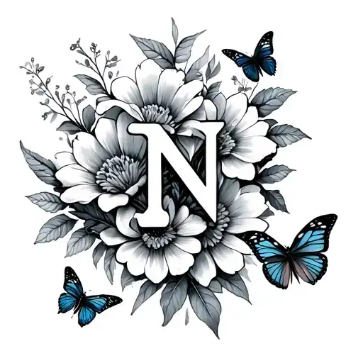 Flower And Butterflies And N And M Letter