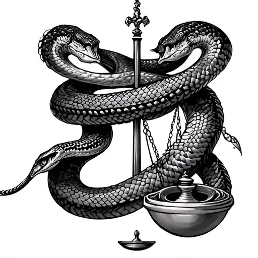 Black And Gray Snakes Wrap Around Forearm With Scales Of Justice And Waves