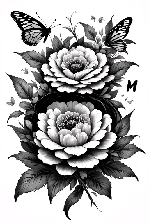 Flower And Butterflies Fluttering With N And M Letters Inside One Of The Flower