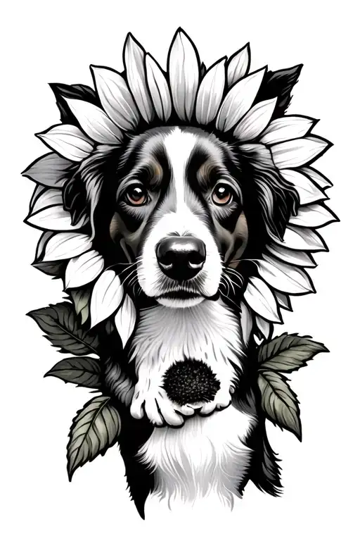 Dog Portrait On Forearm With Sunflower And Dog Paw