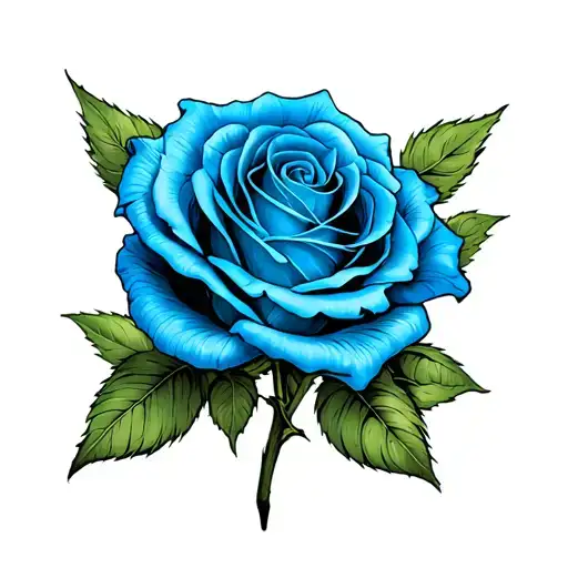 Blue Detailed Rose With Soft Shading And Green Leafs