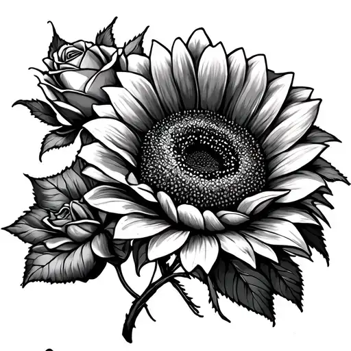 A Sunflower And A Rose Bouquet Fine Line