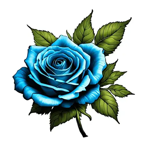 Blue Detailed Rose With Soft Shading And Green Leafs