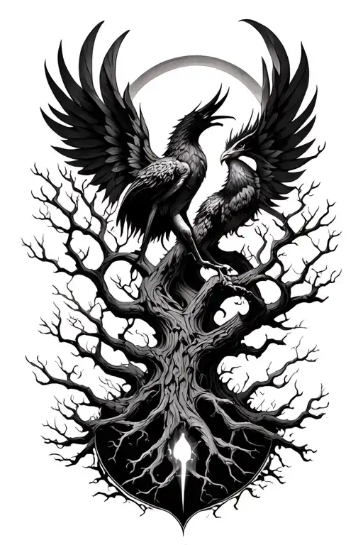 Dark Castel Entwined In A Dying Tree Of Life With A Rising Phoenix
