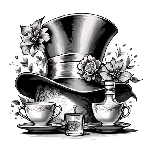 Mad Hatter Hat With Tea Cups And Whiskey Bottle
