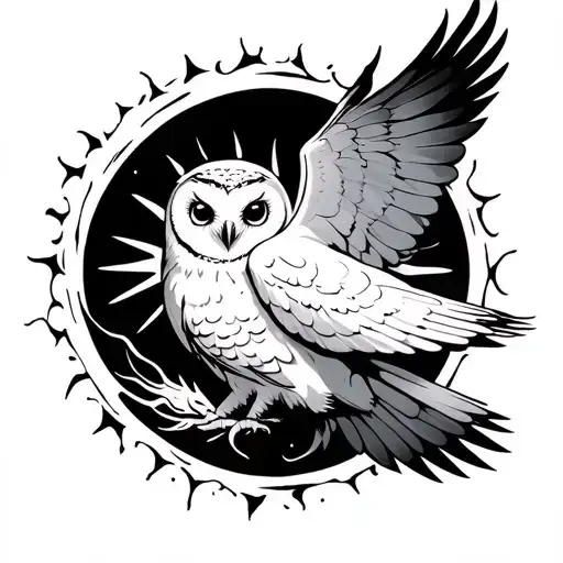 Twin Flame And White Owl Flying Towards The Sun