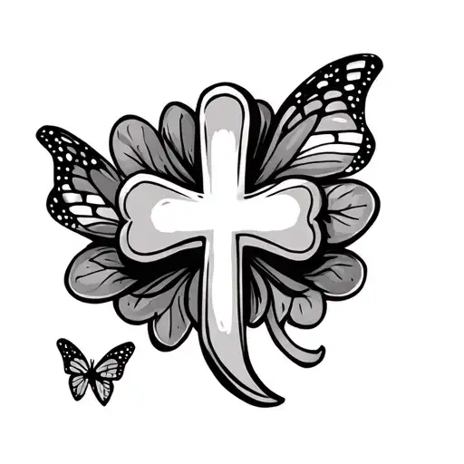Small Cross With A Shamrock Shape Made Inside And Two Butterflies On The Side
