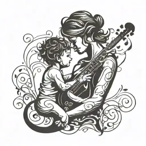 A Mother And Child Silhouette With Musical Notes Floating Around Them