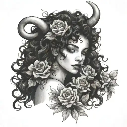 Curly Girl With A Flower In Her Hands And Her Shadow With Horns
