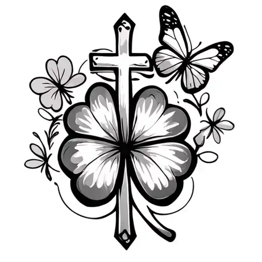 Small Cross With Shamrock Outline And Butterfly On The Side
