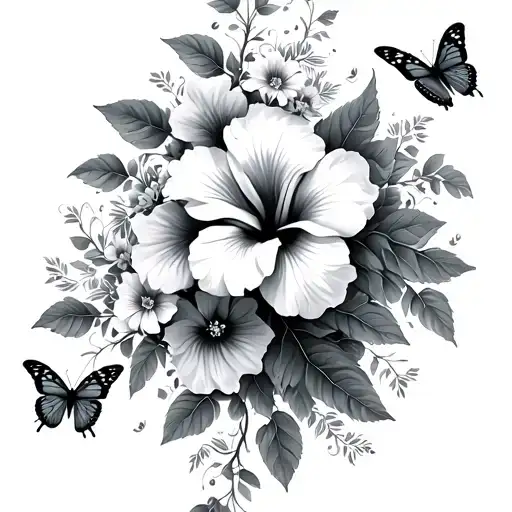 Hibiscus Flowers And Vines With Butterflies Surrounding