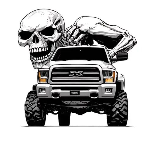 Lowered Truck With A Giant Skelaton Trying To Crush It