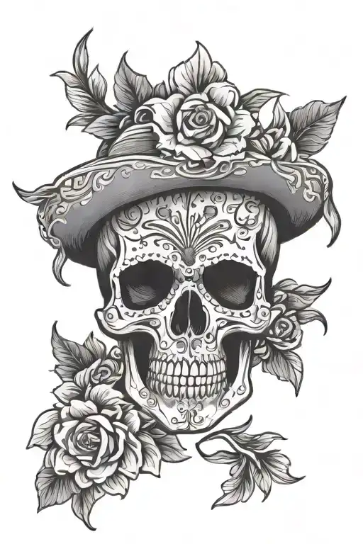 Skull Mexican Style With Flowers