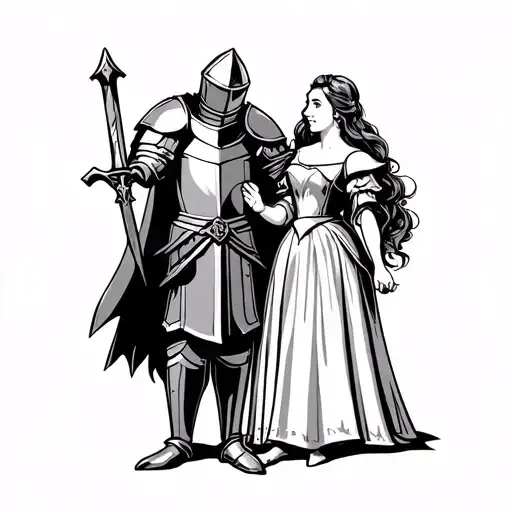 Knight And Princess With Knight Holding Sword In Hand