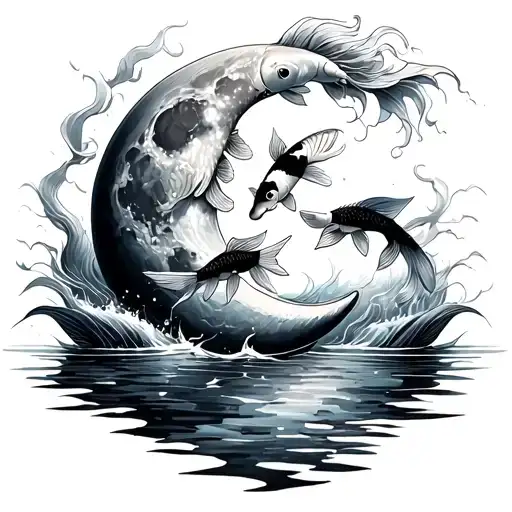 Moon With Winds And Koi Fish Swimming