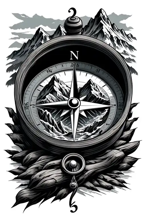 Compass Surrounded By Mountain Range