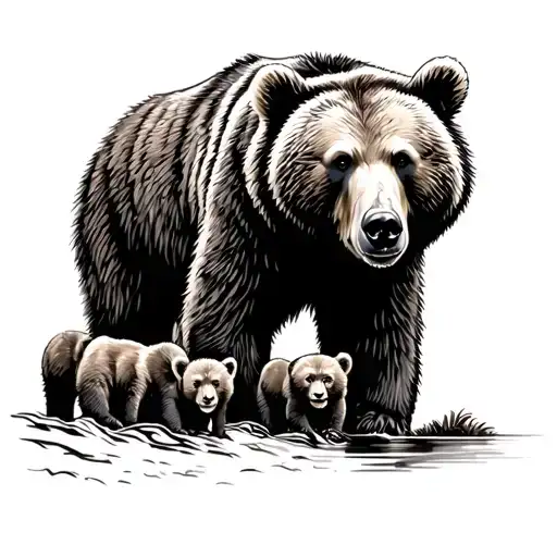 Phantom Lake Sow Grizzly Bear With Cubs Minimalistic